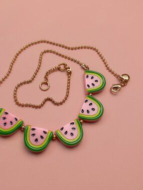 Crewcuts Watermelon Slice Fruit Chunky Acrylic Bead Gold Chain Summer Necklace